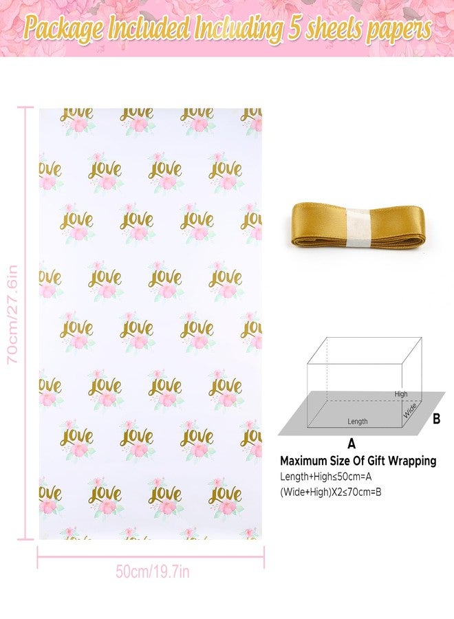 AirCool Wedding Wrapping Paper, Gold Love With Pink Floral White Groom Gift Wrap Folded Flat 5 Sheets 20x28 inches Per Sheet With Ribbon for Wedding Shower, Bridal Shower, Engagements, Birthday, Anniversary - Image 2